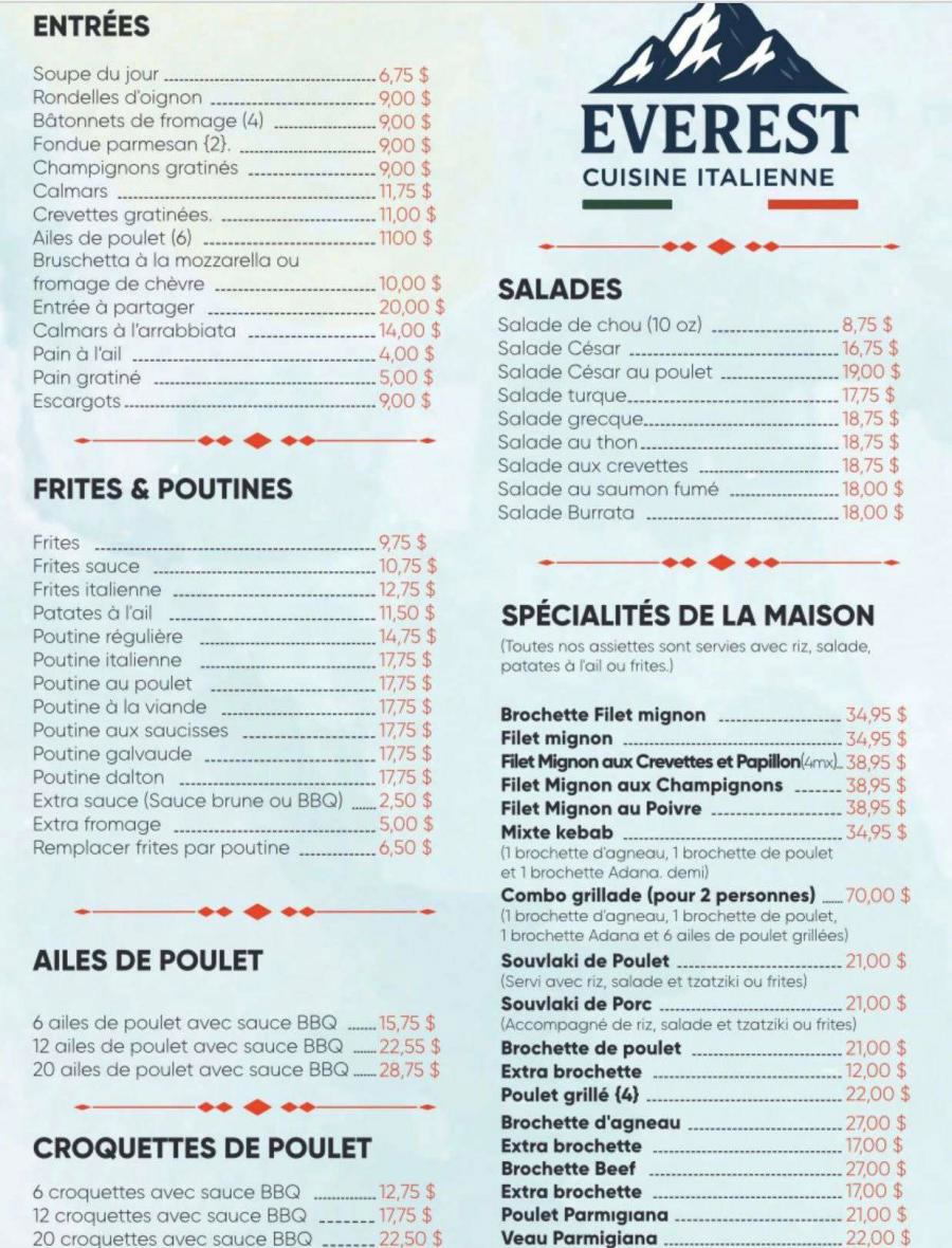 Menu Mont Everest