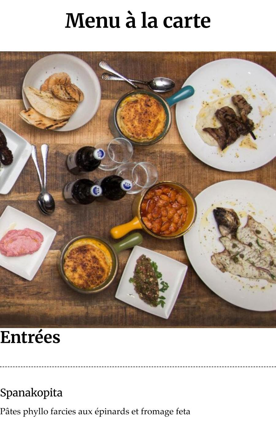 Menu à la carte Petros