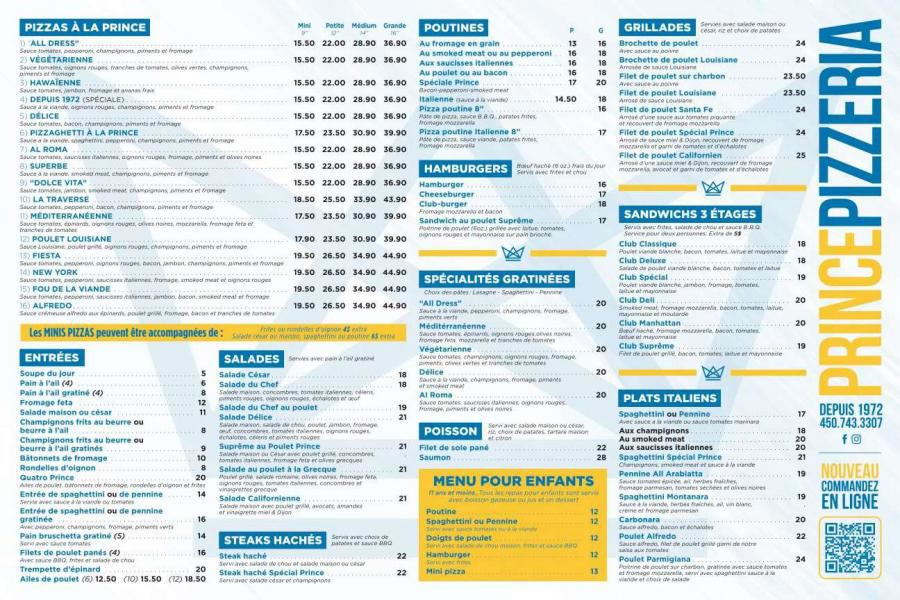 Menu Salle à manger Prince Pizzeria