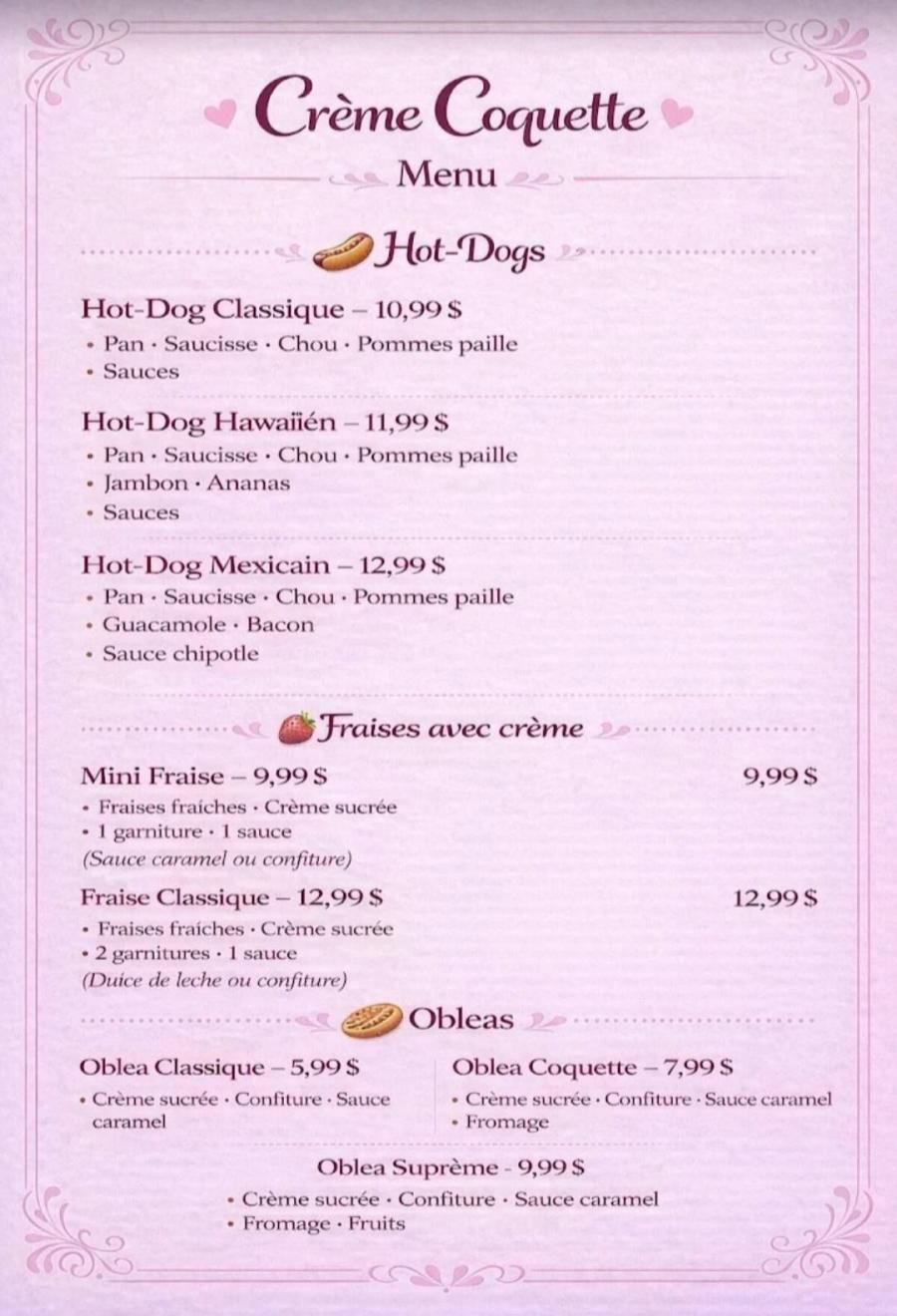 Menu Crème Coquette