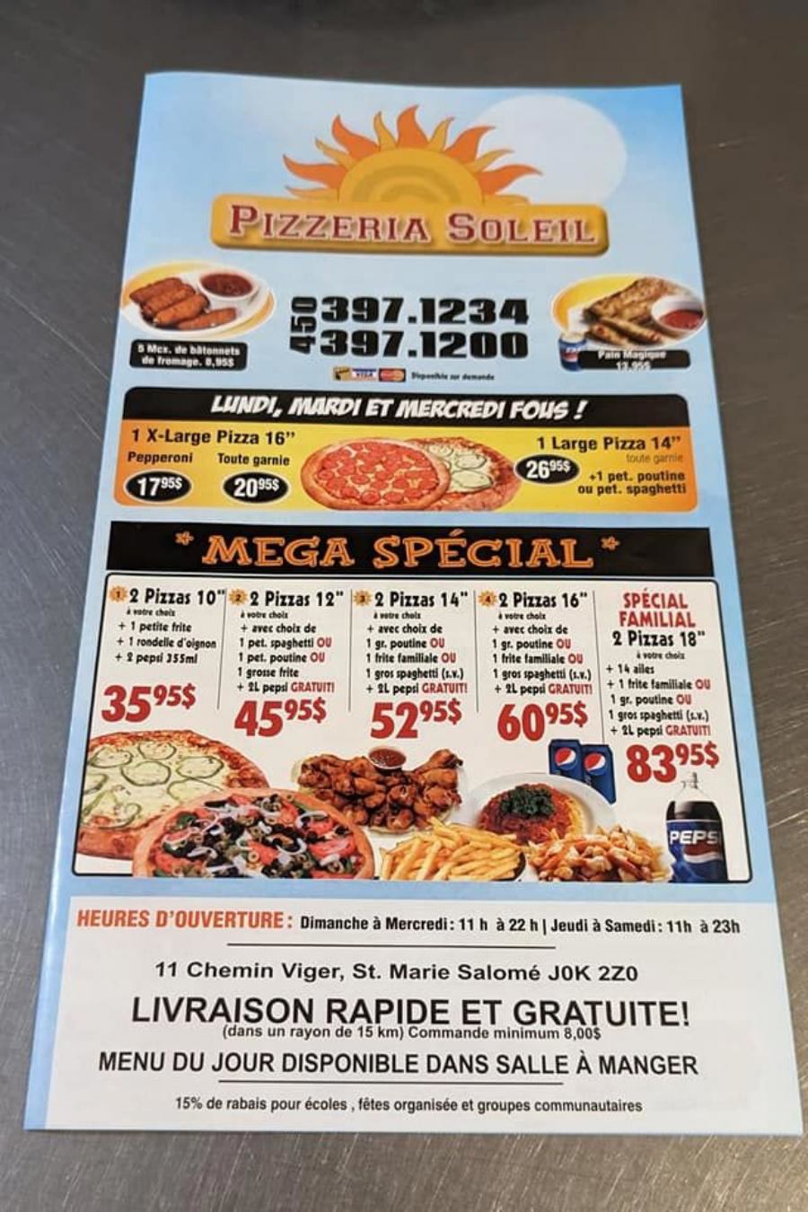 Menu Pizzeria Soleil