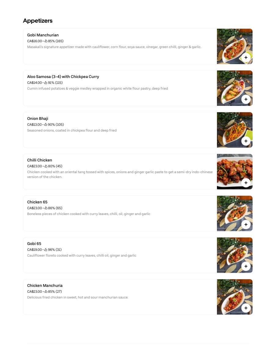 Menu de Masakali Indian Cuisine