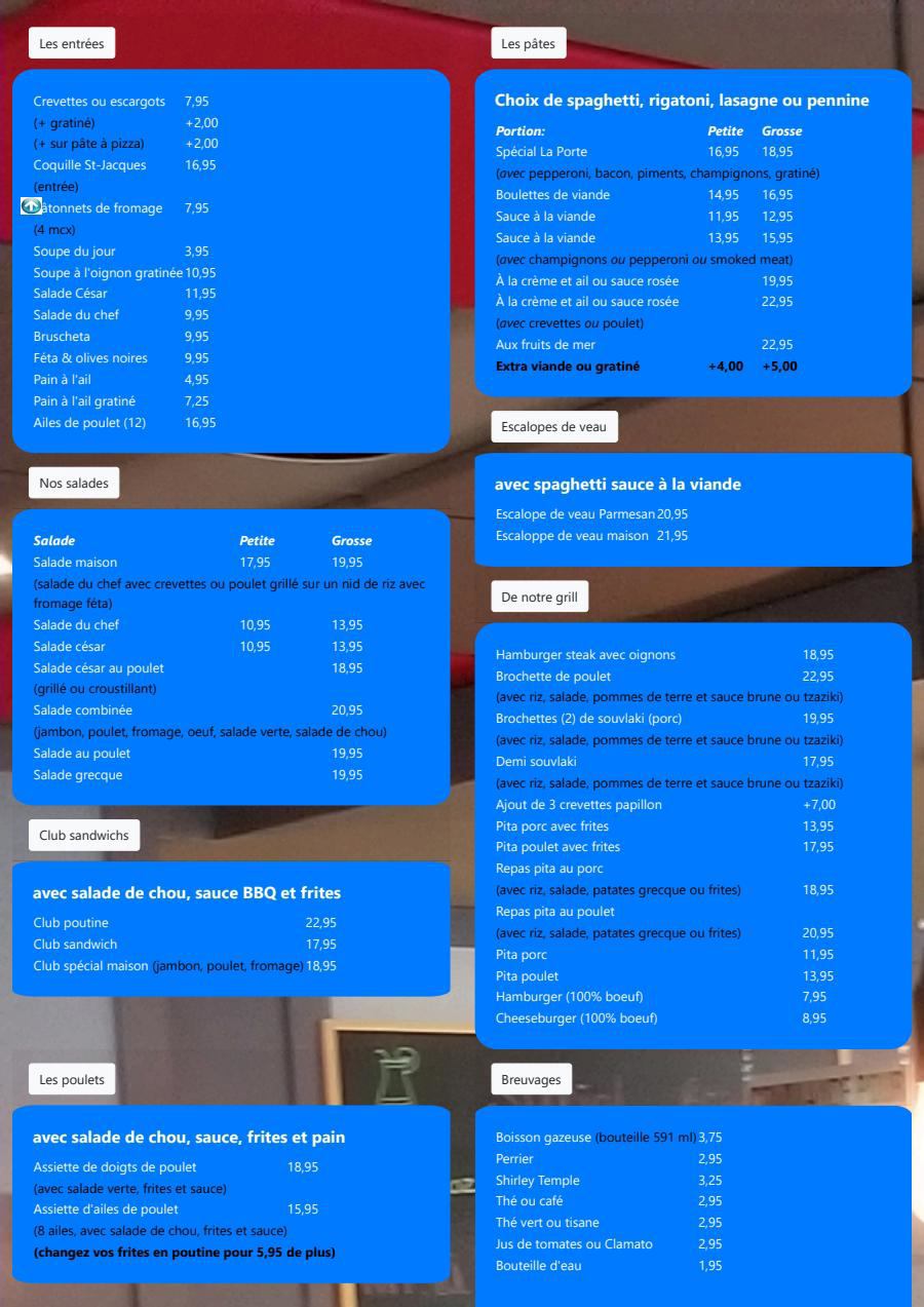 Menu Livraison Restaurant La Porte des Laurentides