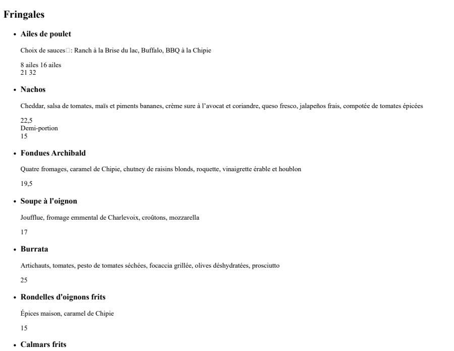 Menu Archibald - Microbrasserie