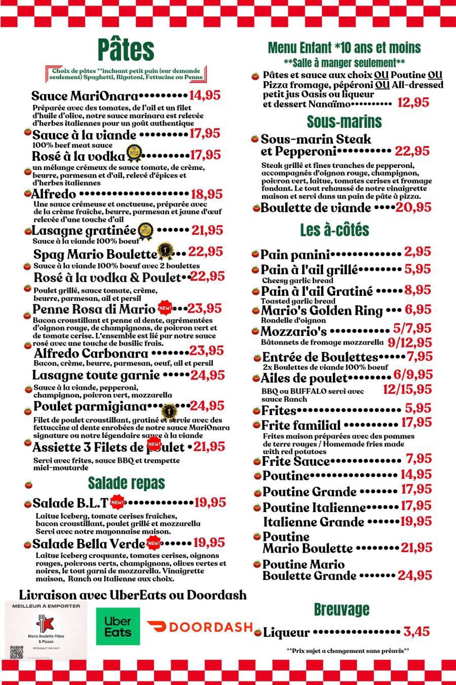 Menu Mario Boulette Pâtes & Pizzas