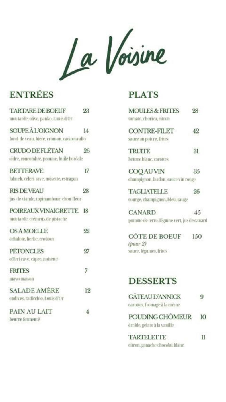 Menu Resto La Voisine