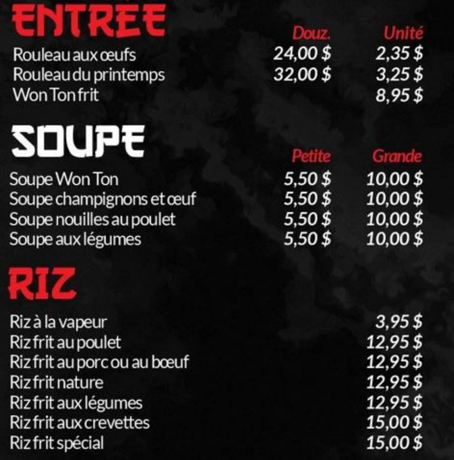 Menu Les Trésors impériaux