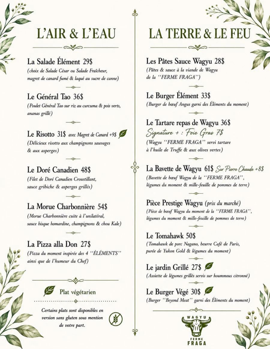 Menu de L’Élément Terrasse Gourmande