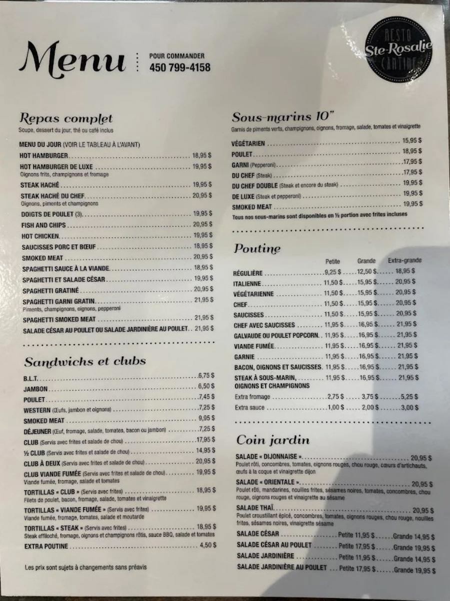 Menu de Cantine Ste-Rosalie