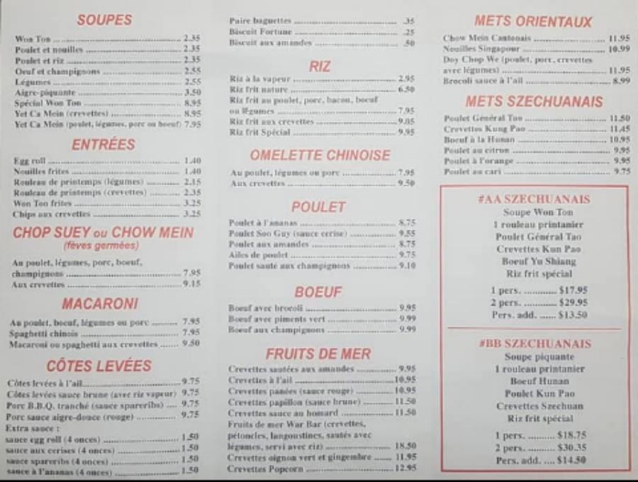 Menu Livraison/Pour emporter