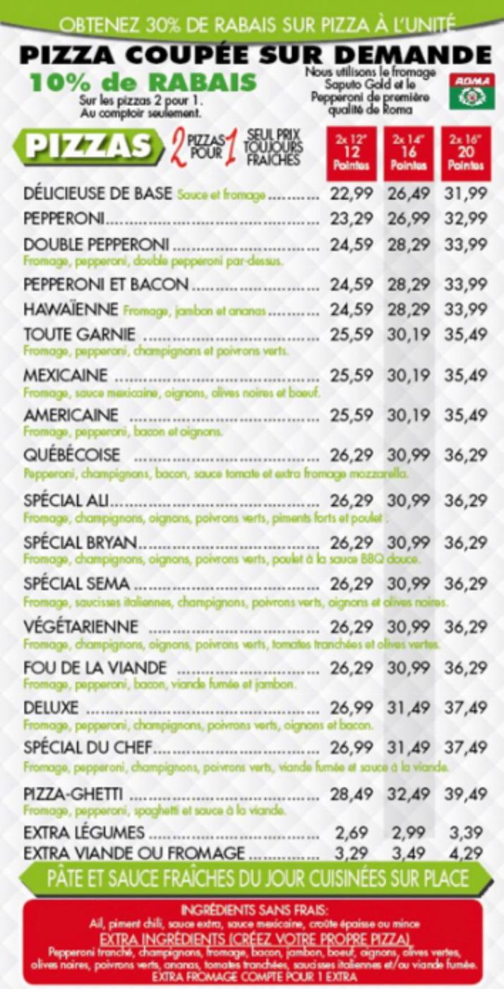 Menu Livraison/Pour emporter
