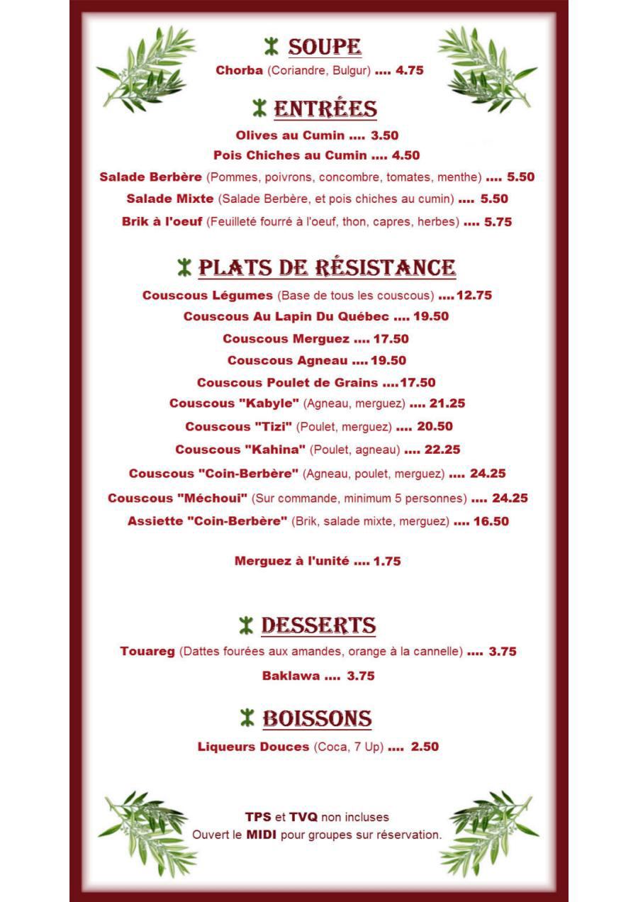 Menu Livraison/Pour emporter
