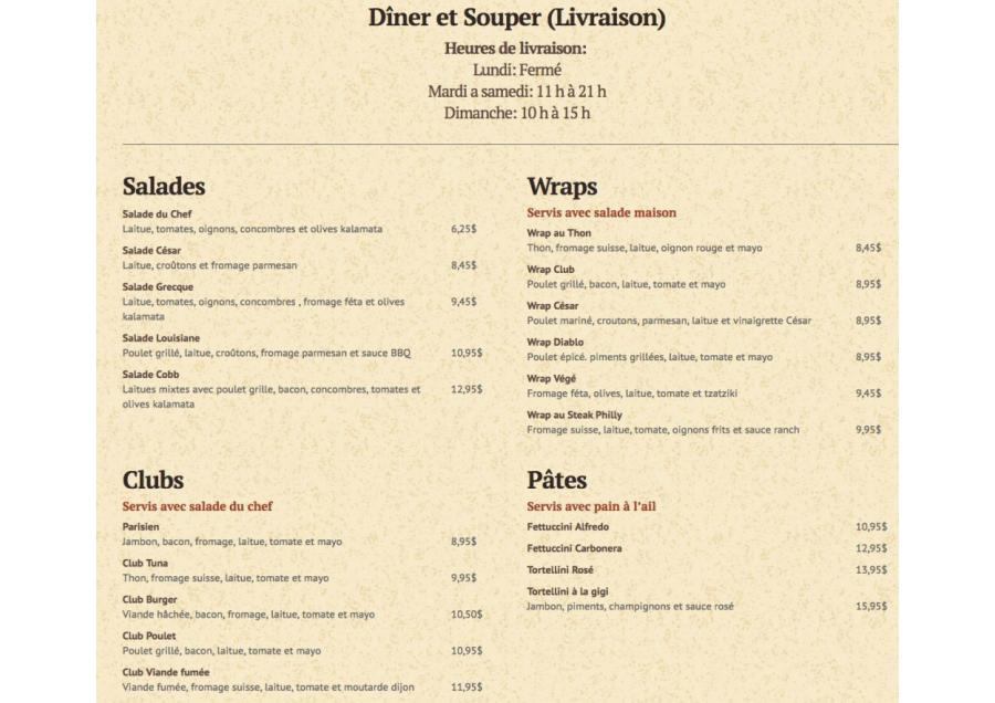 Menu Livraison/Pour emporter