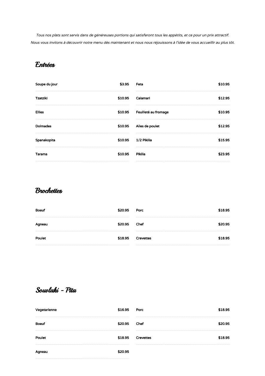 Menu Brochetterie Grecque