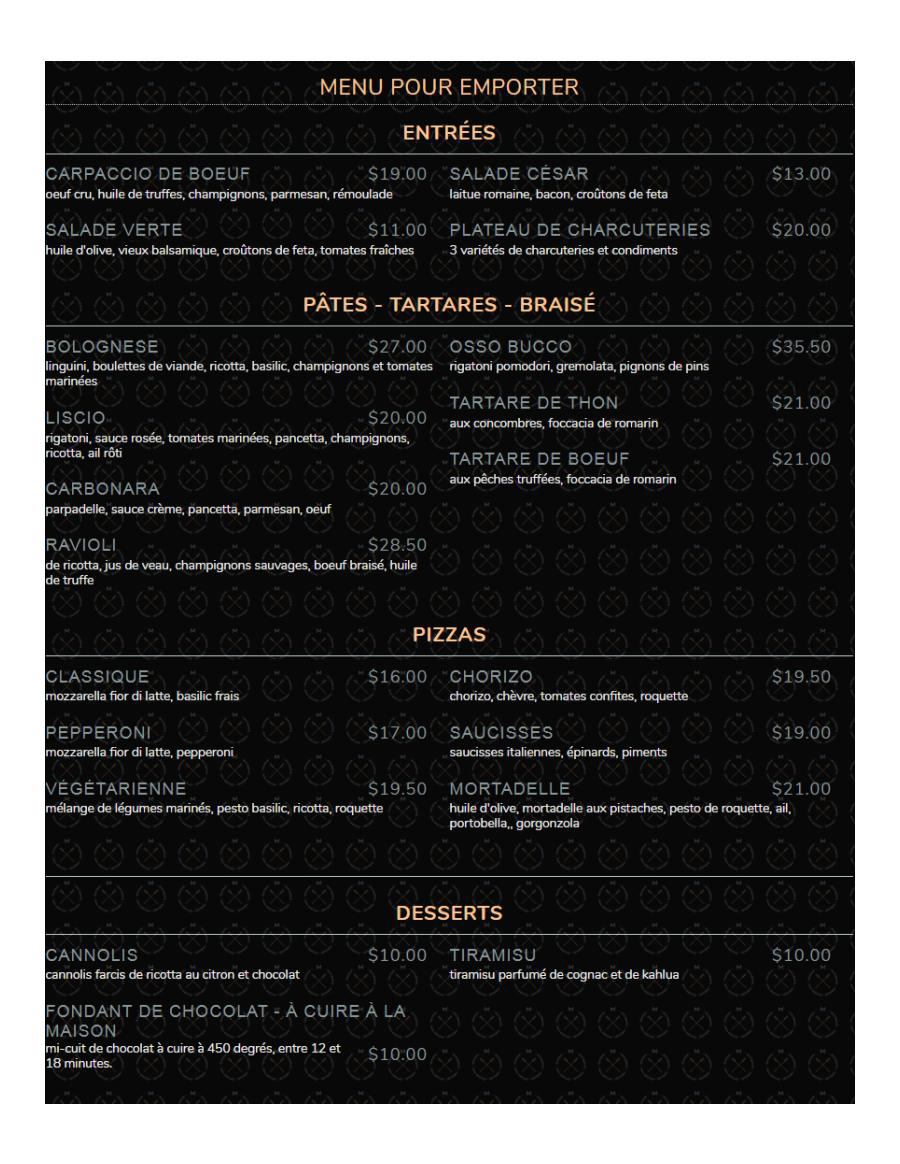 Menu pour emporter
