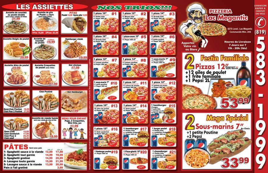 Menu Pizzeria Lac Megantic