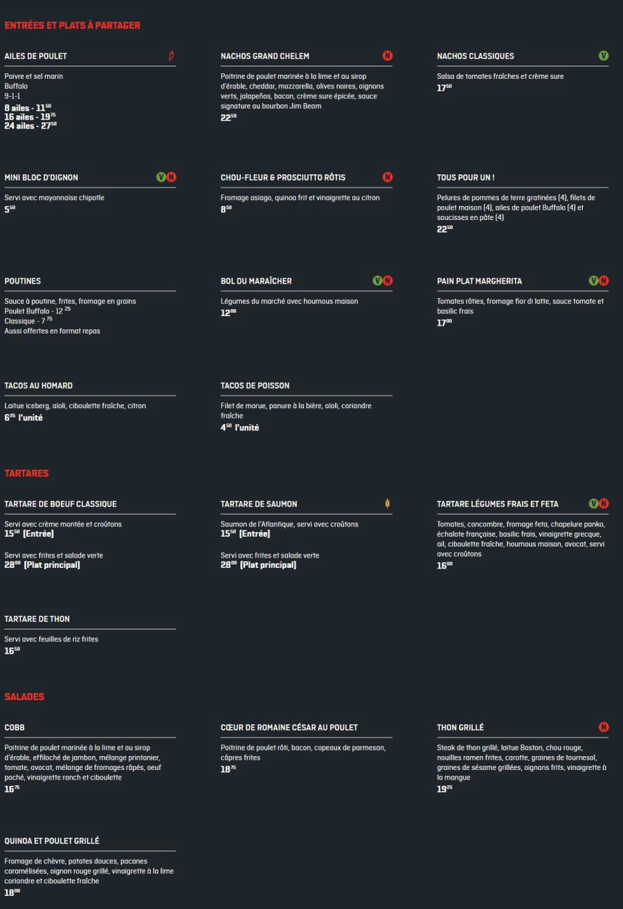 Menu La Cage aux Sports