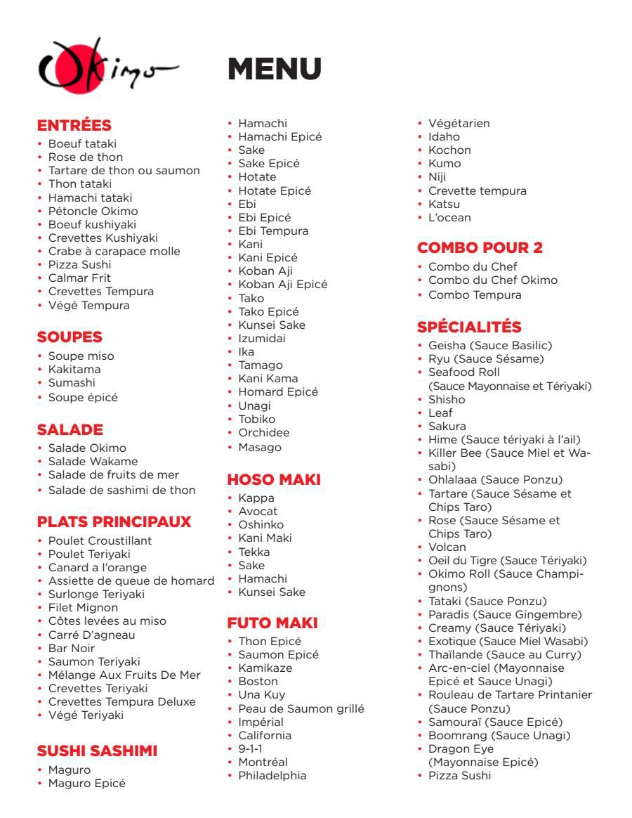 Menu Okimo