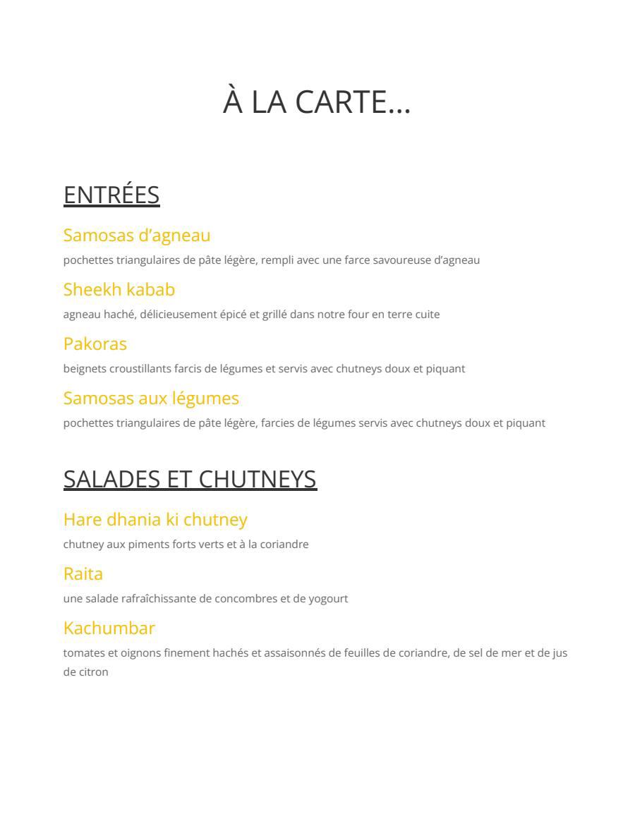 Menu Shalimar à la carte