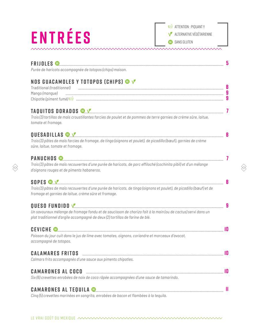 entrée, plats principaux & table d'hôte