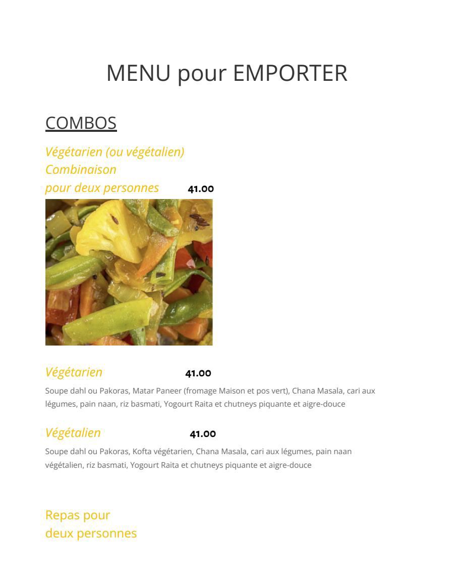 Menu Shalimar pour emporter