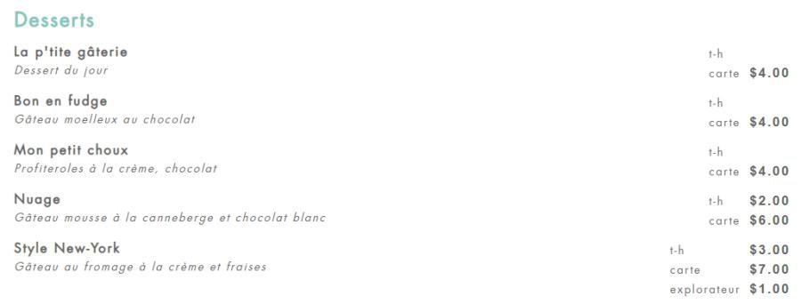 Menu desserts