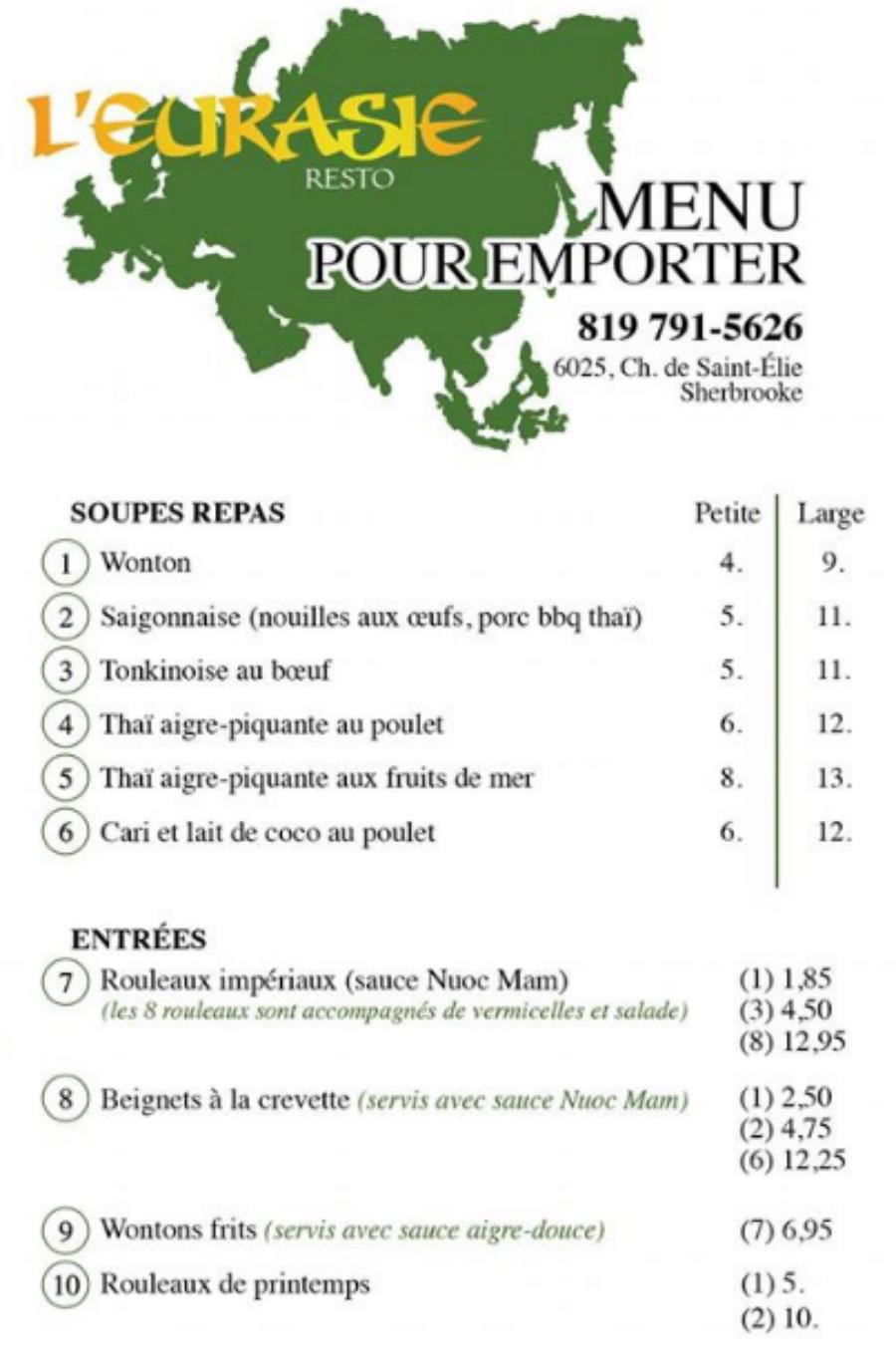 menu pour emporter