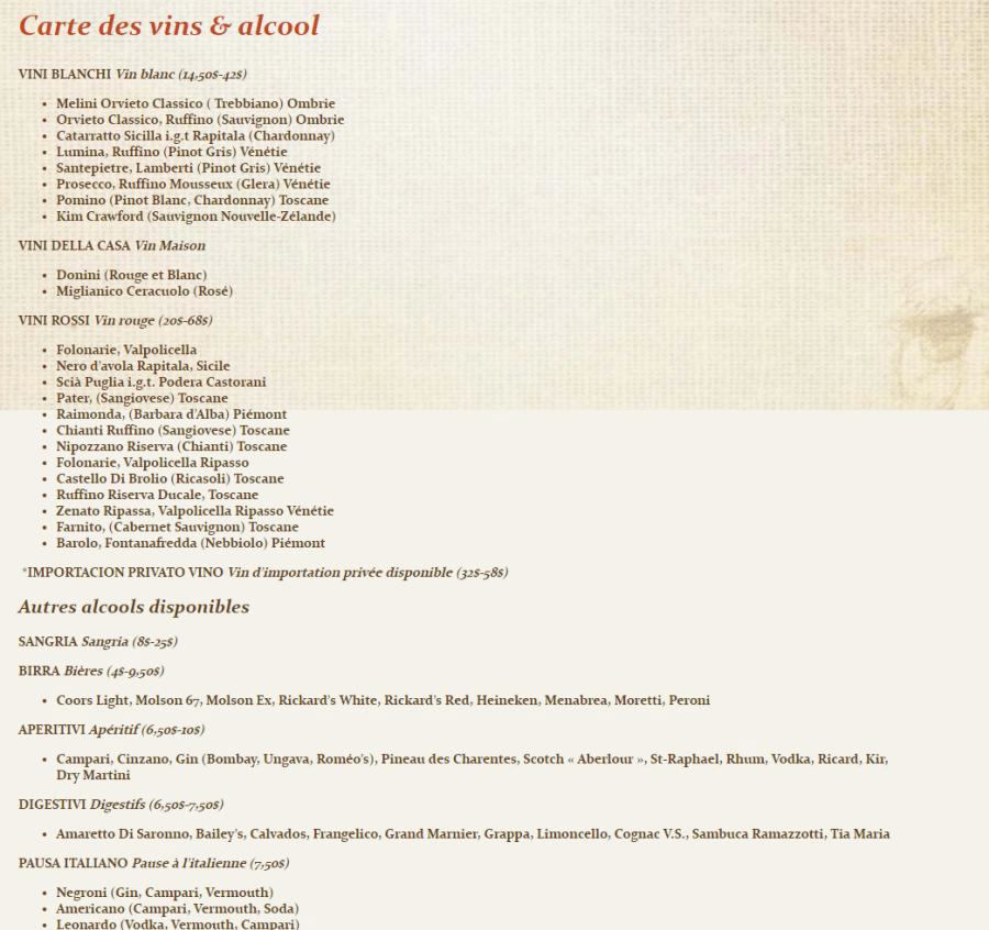 carte des vins & alcools