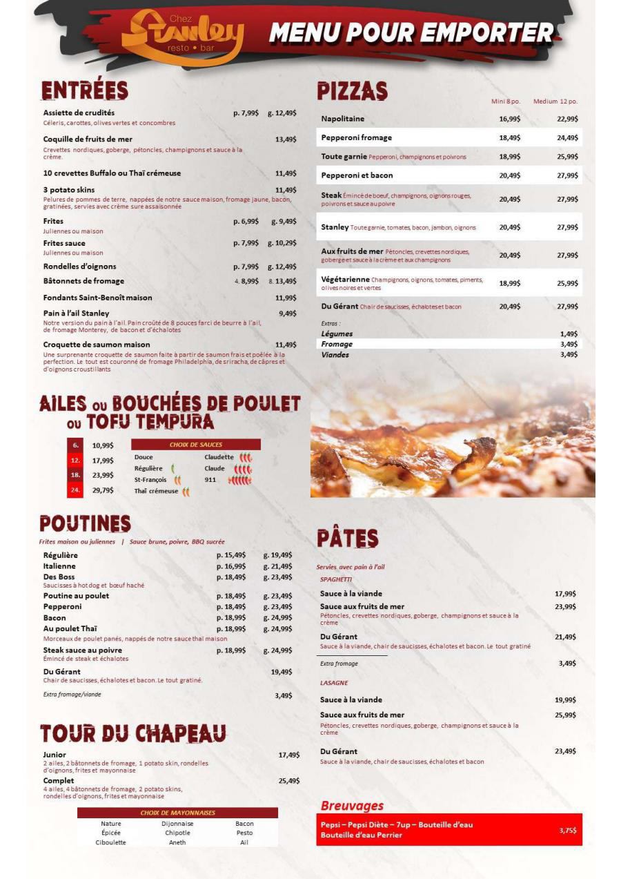 Menu Pour emporter Resto Bar chez Stanley