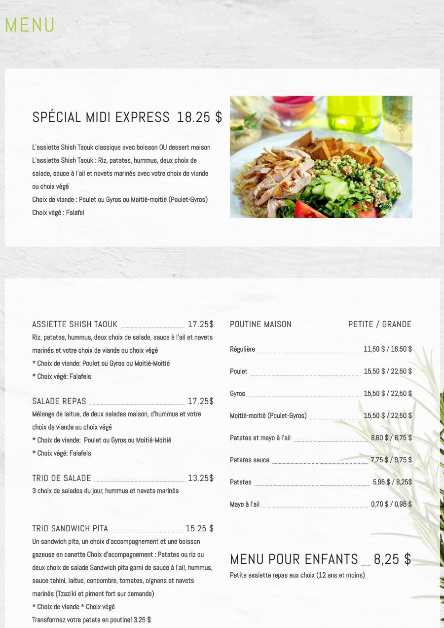 Menu Oli Shish Taouk