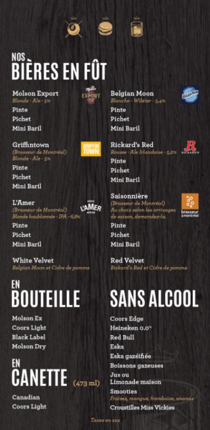 menu à boire