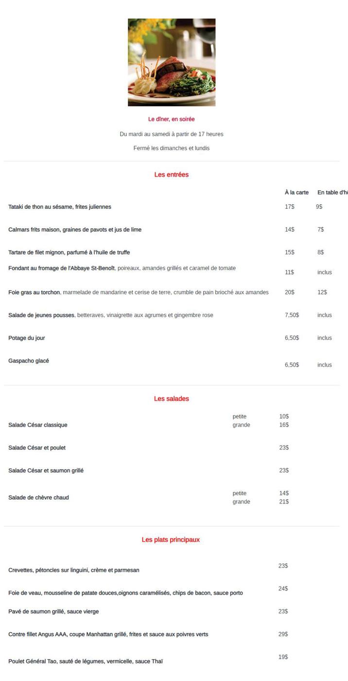 Menu dîner en soirée