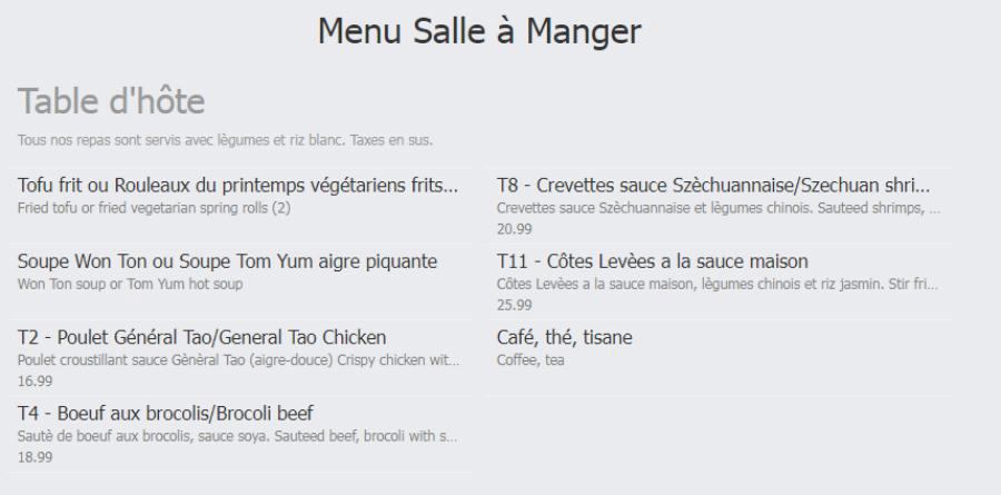 Menu salle à manger