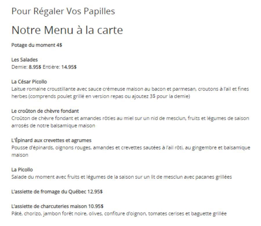 Menu à la carte