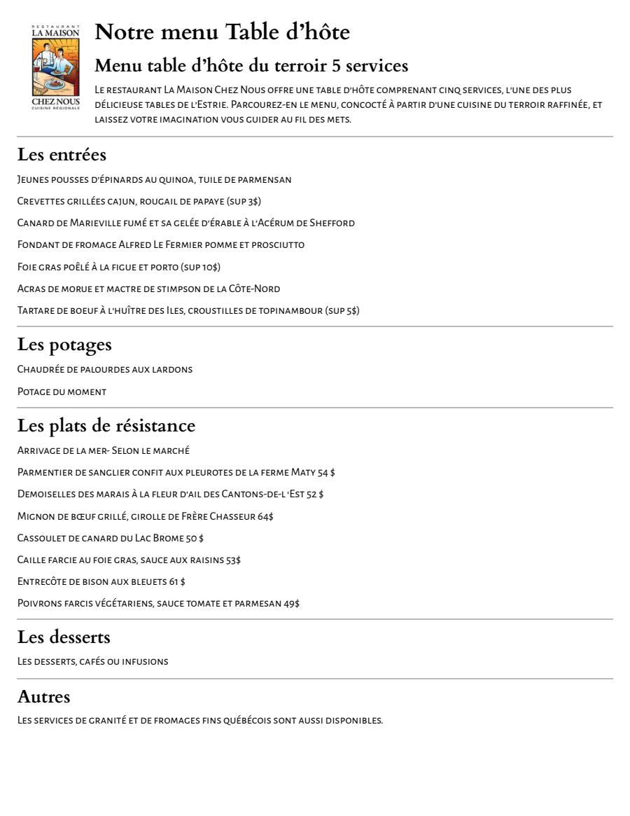 Menu table d'hôte