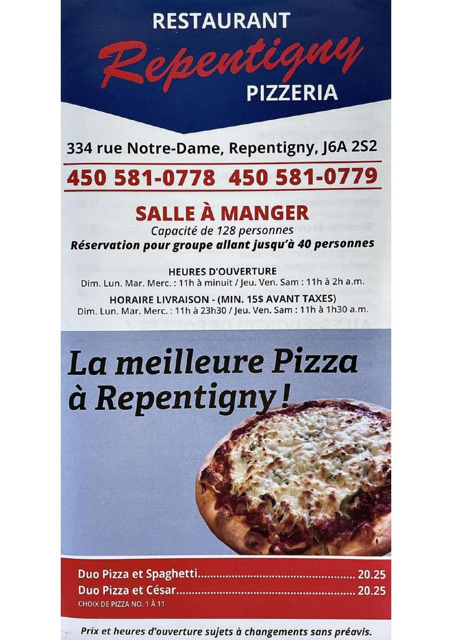 Menu Repentigny Pizzeria
