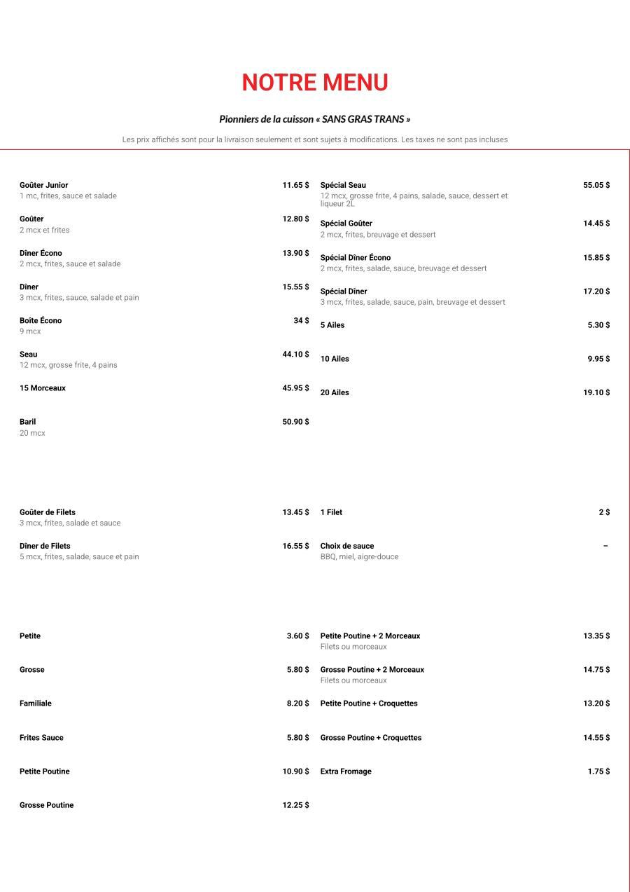 Menu Dixie Lee Rimouski