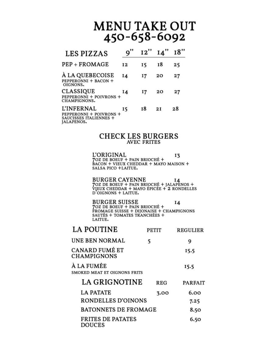 menu pour emporter