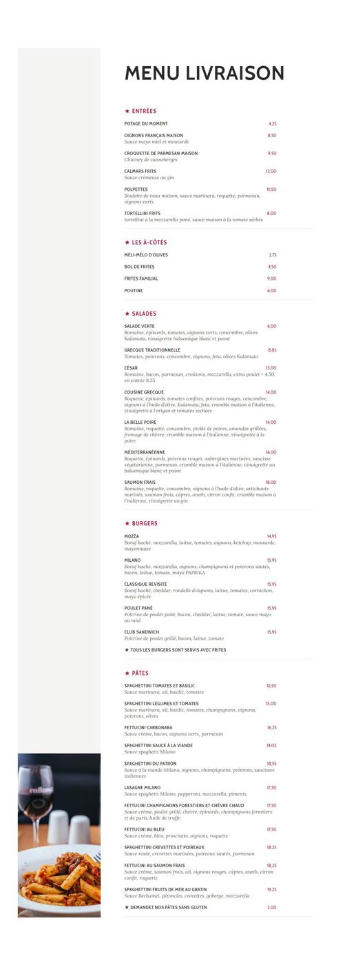 Menu livraison