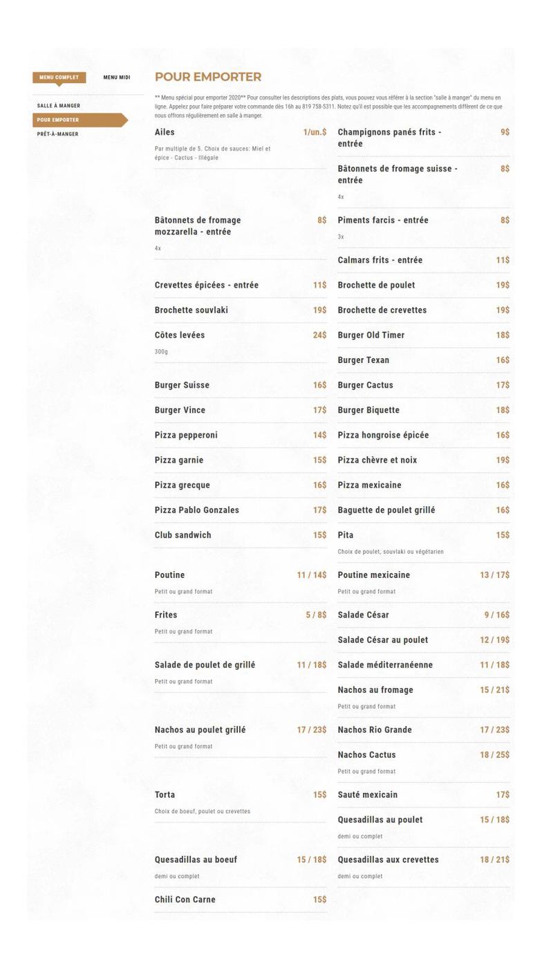Menu pour emporter