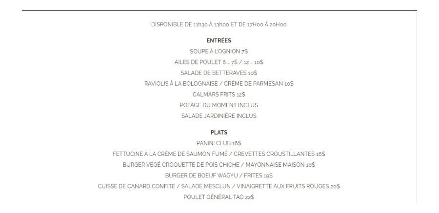 menu pour emporter