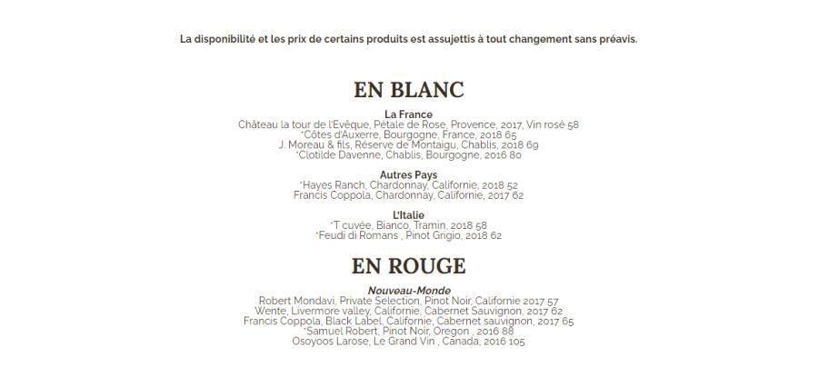 Carte des vins