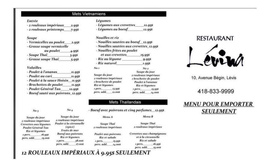Menu pour emporter