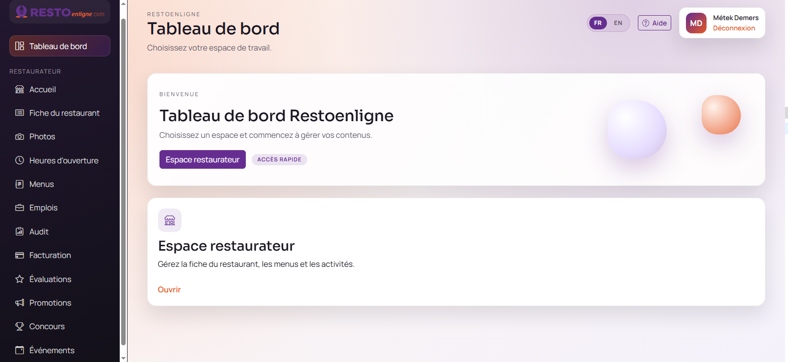 Aperçu du tableau de bord restaurateur